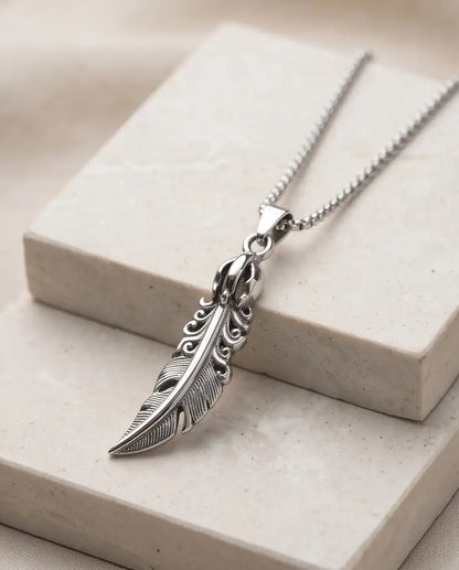 Gothic Filigree Feather Pendant Silver Box Chain Necklace