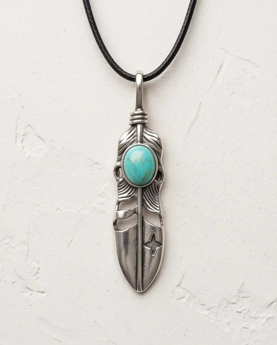Turquoise Stone Feather Pendant Box Chain