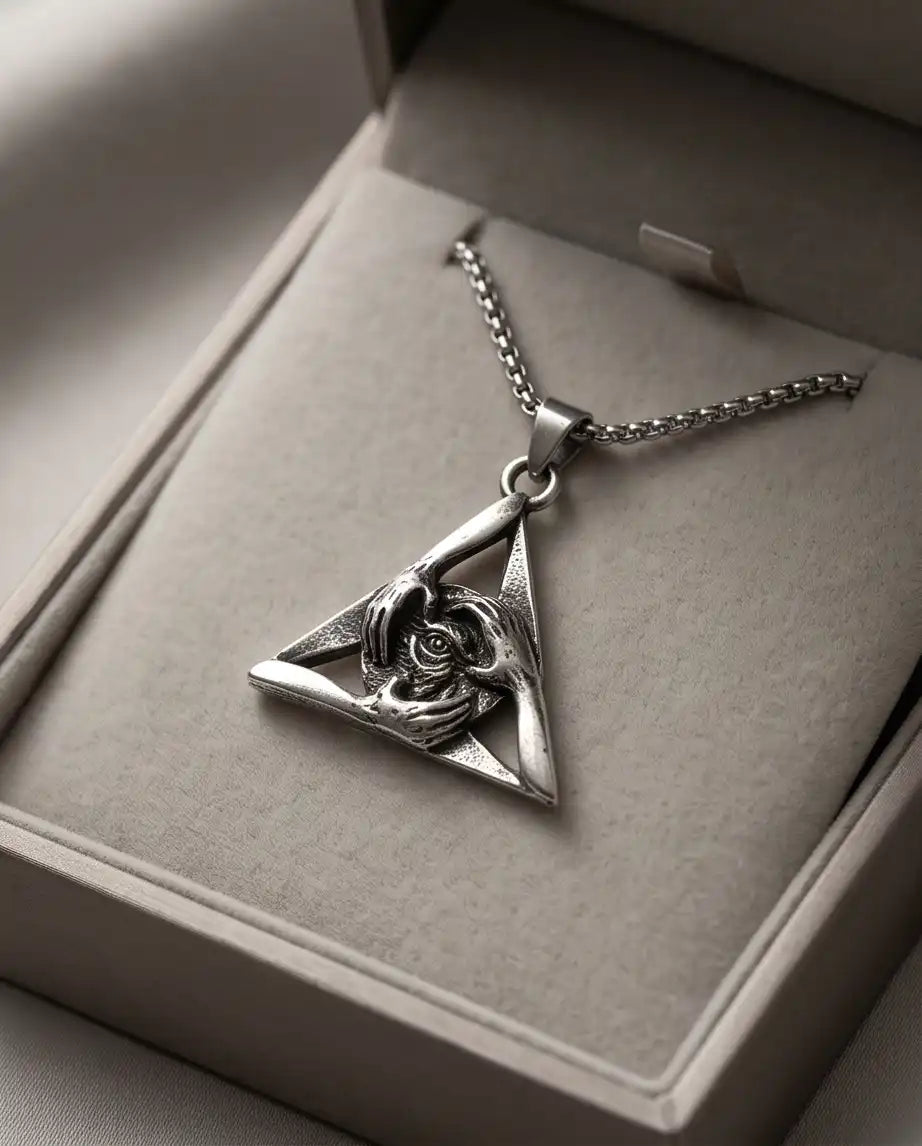 Gothic Triangle Creepy Hands Eye Pendant Box Chain
