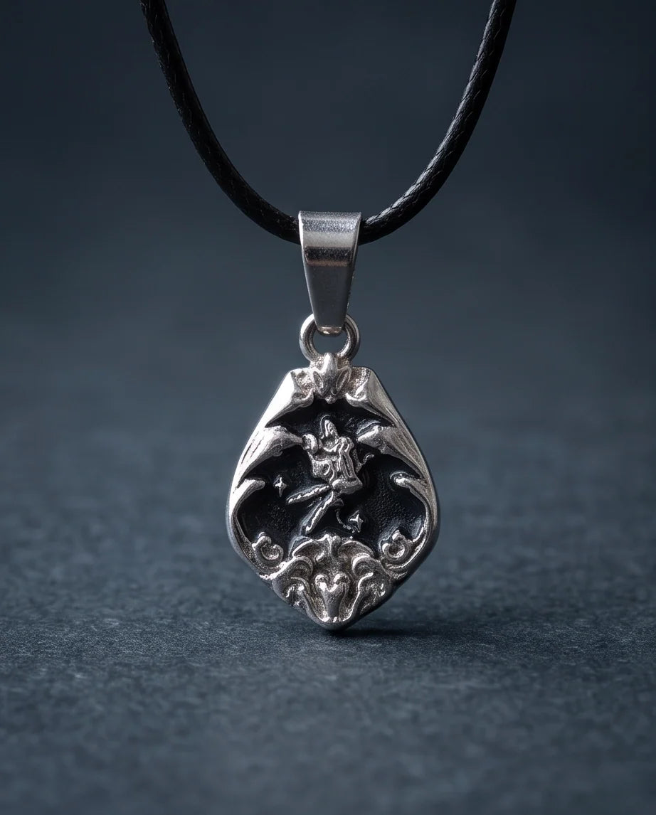 Silver Vintage Cherub Black Enamel Teardrop Pendant Necklace
