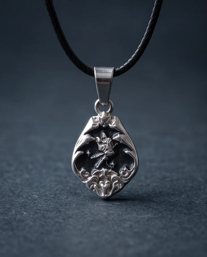 Silver Vintage Cherub Black Enamel Teardrop Pendant Necklace