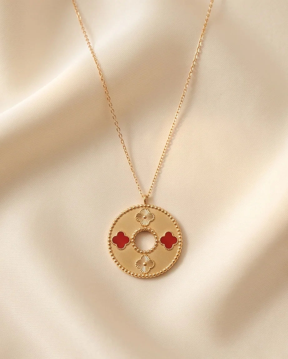 Gold Red Clover Medallion Necklace