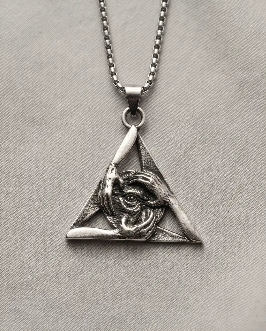 Gothic Triangle Creepy Hands Eye Pendant Box Chain