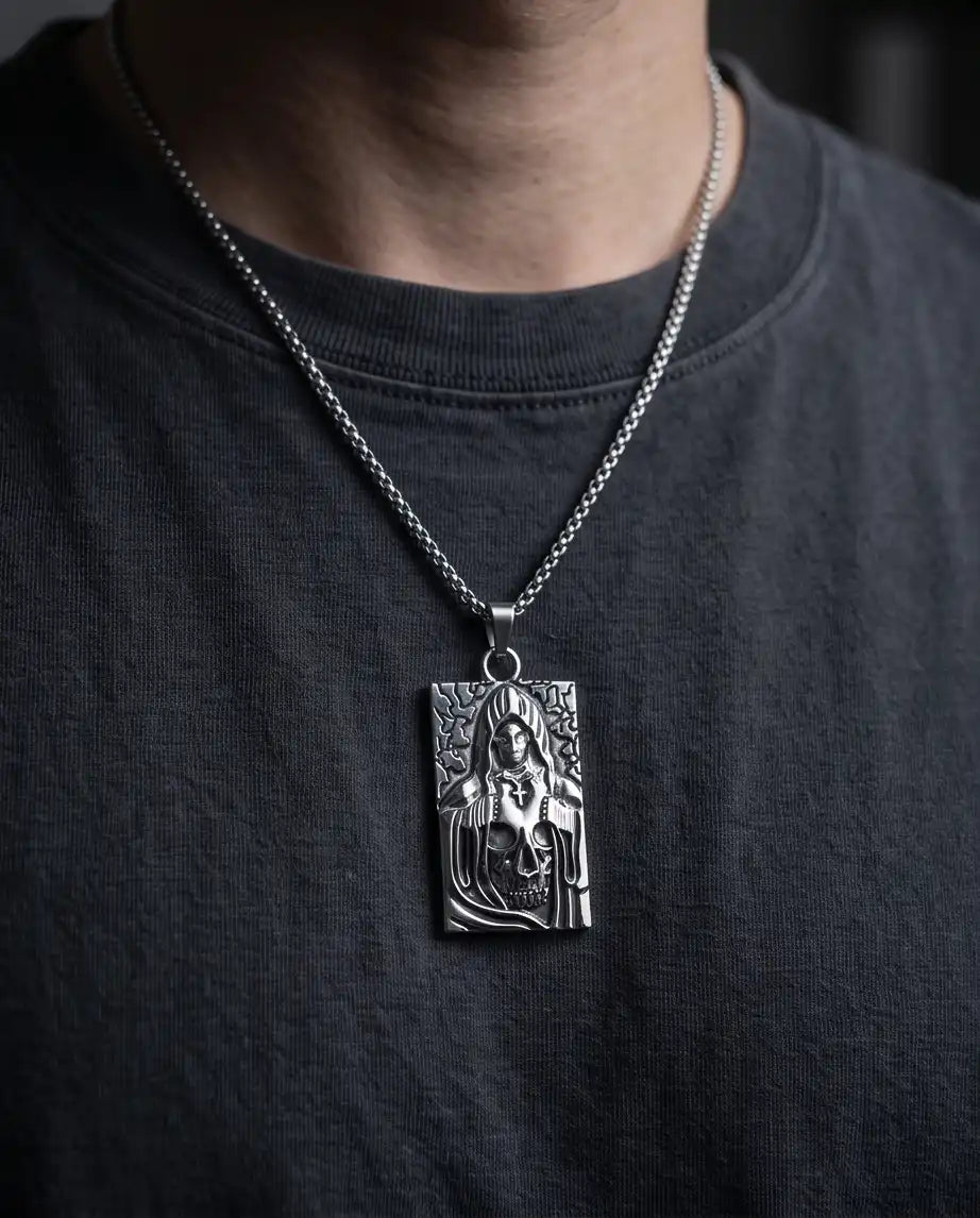 Hooded Grim Reaper Skull Dog Tag Pendant Box Chain