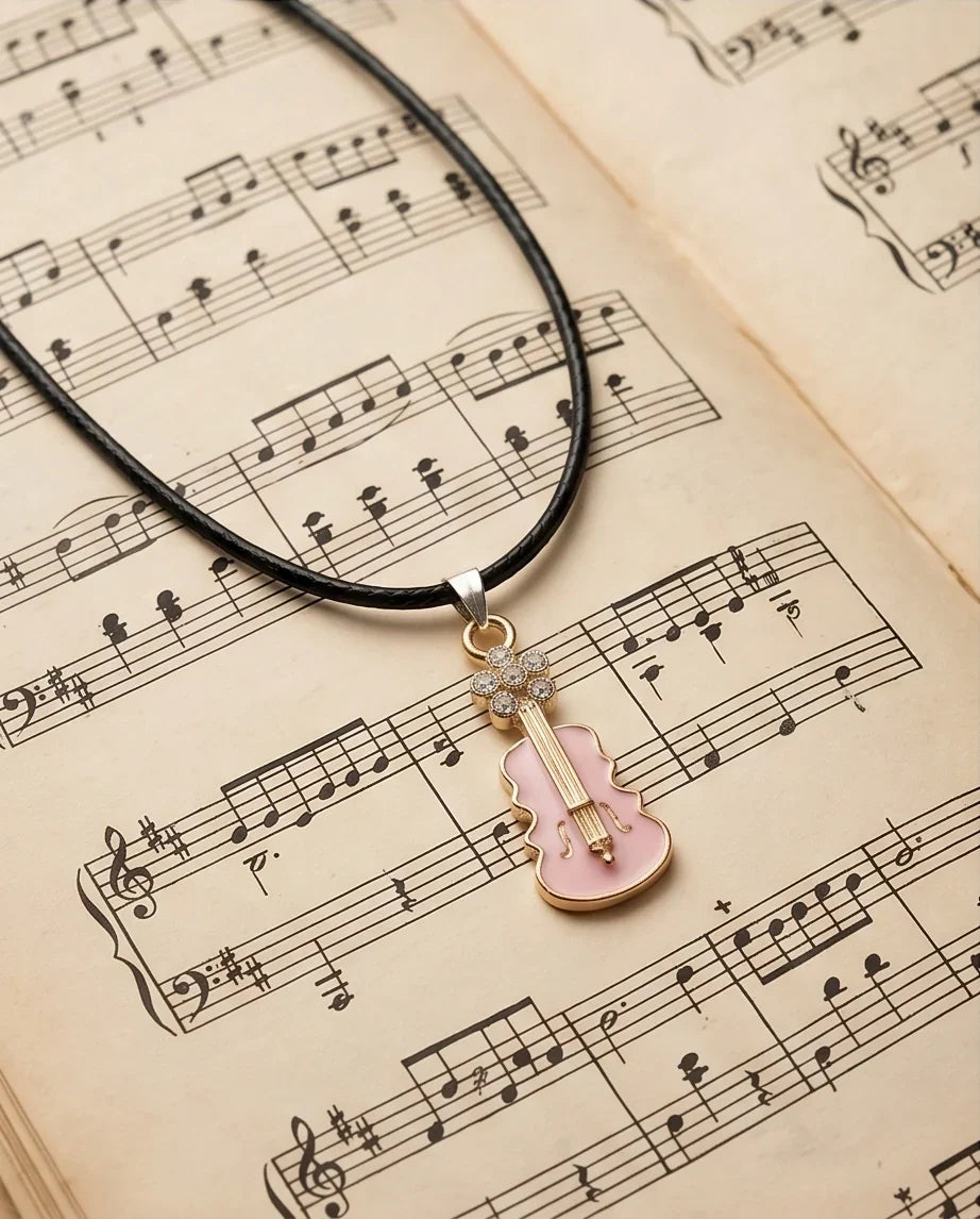 Gold and Pink Enamel Violin Necklace