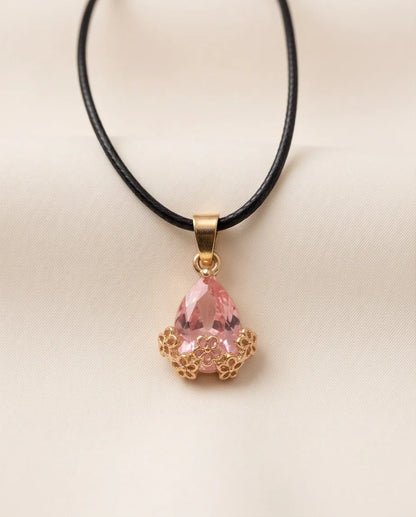 Gold Pink Teardrop Floral Basket Pendant Necklace