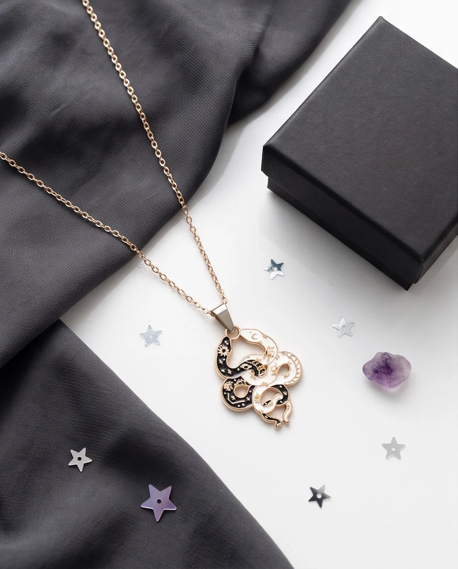 Gold Dual Serpent Celestial Enamel Pendant Necklace