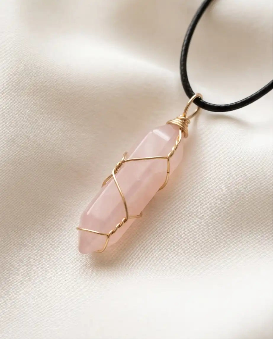 Wire-Wrapped Soft Pink Quartz Crystal Point Pendant Bead Chain