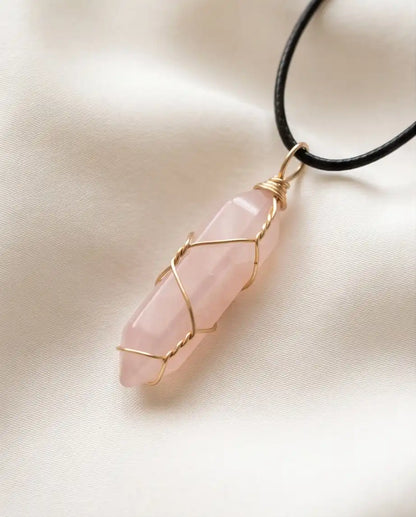 Wire-Wrapped Soft Pink Quartz Crystal Point Pendant Bead Chain