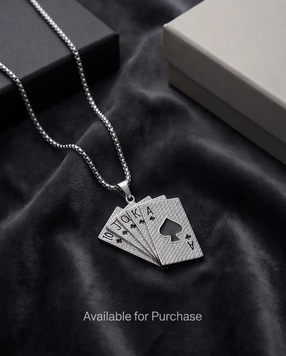 Iced Royal Flush Playing Cards Pendant Silver Box Chain Necklace