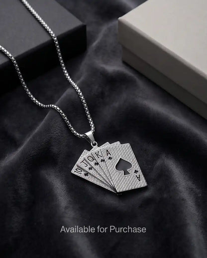 Iced Royal Flush Playing Cards Pendant Silver Box Chain Necklace