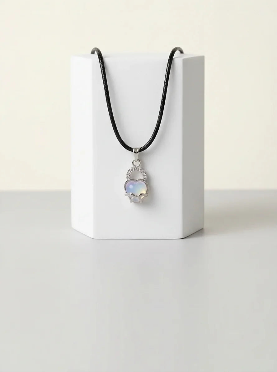 Opalite Heart Bow Lock Pendant Necklace