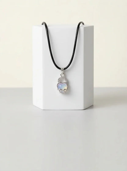 Opalite Heart Bow Lock Pendant Necklace