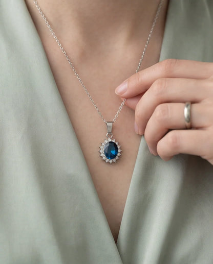 Silver London Blue Oval Halo Medallion Pendant Necklace
