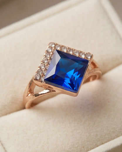 Gold Sapphire Princess-Cut Halo Ring