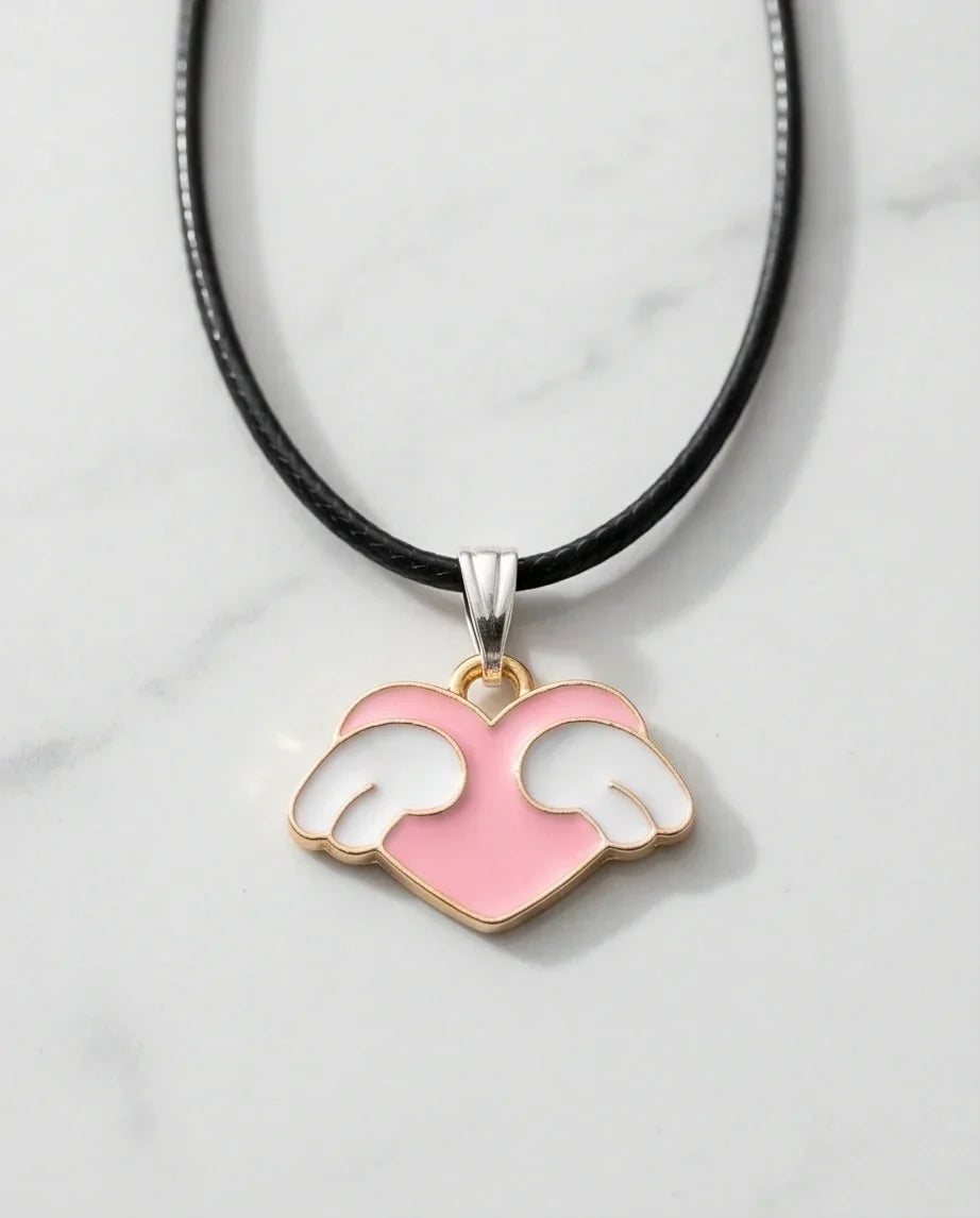 Pink Enamel Angel Winged Heart Pendant Necklace