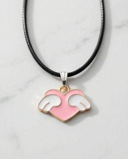 Pink Enamel Angel Winged Heart Pendant Necklace
