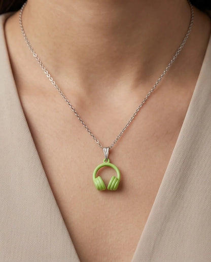 Lime Green Headphones Enamel Pendant Necklace