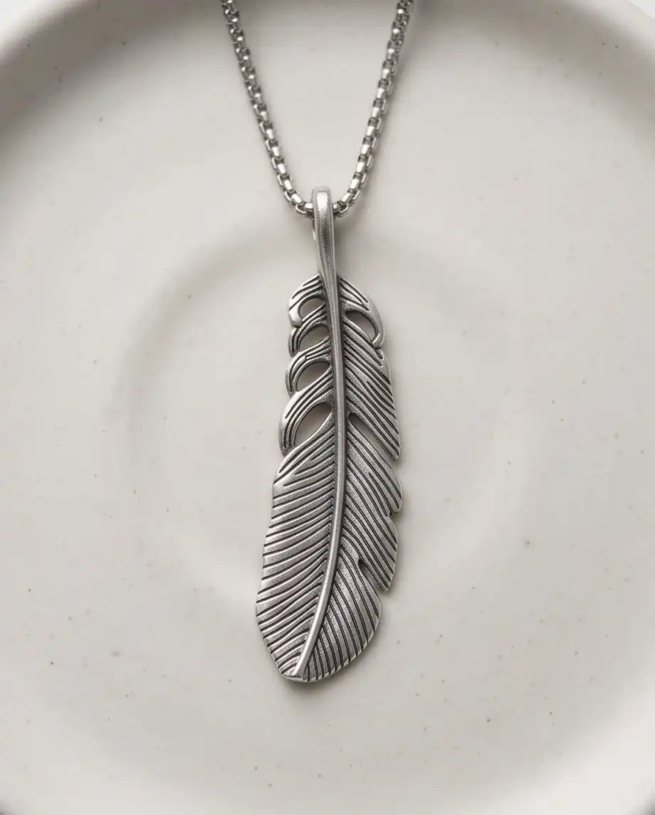 Antiqued Feather Blade Pendant Box Chain