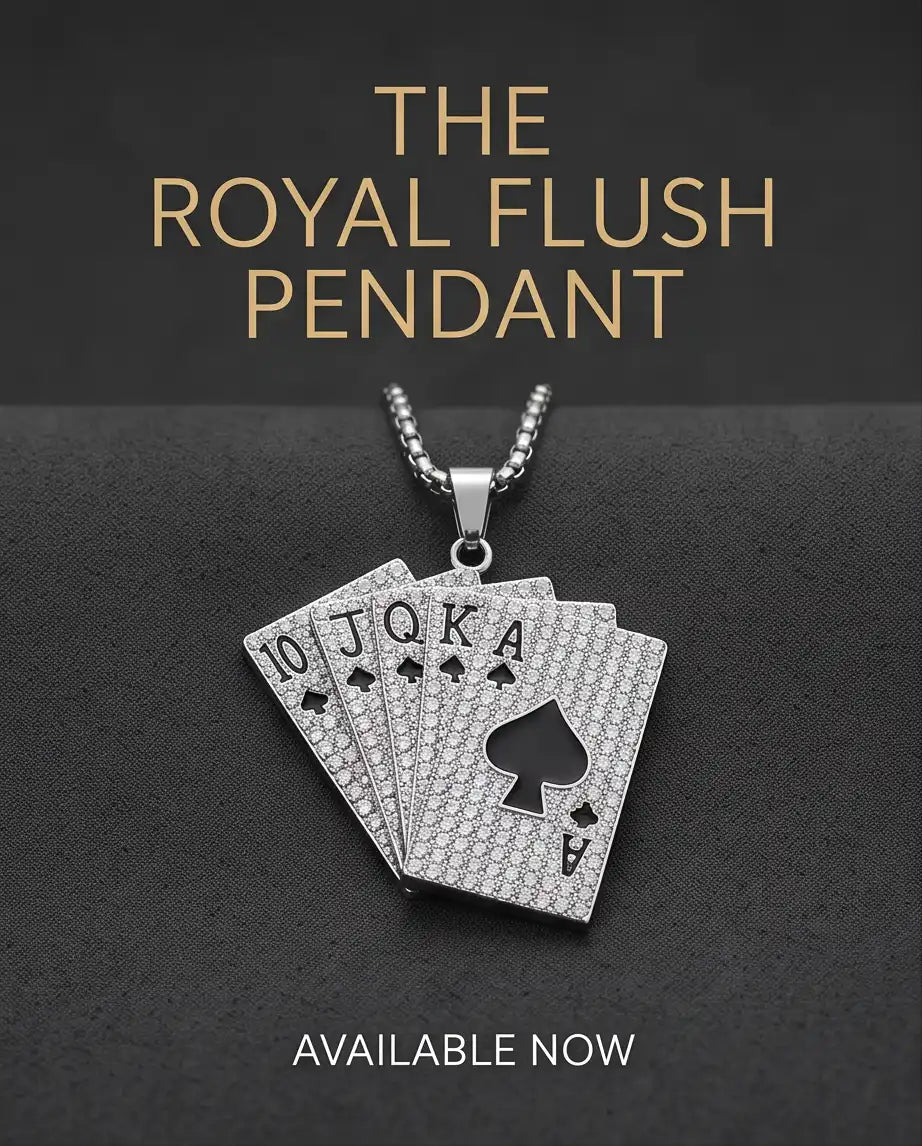 Iced Royal Flush Playing Cards Pendant Silver Box Chain Necklace