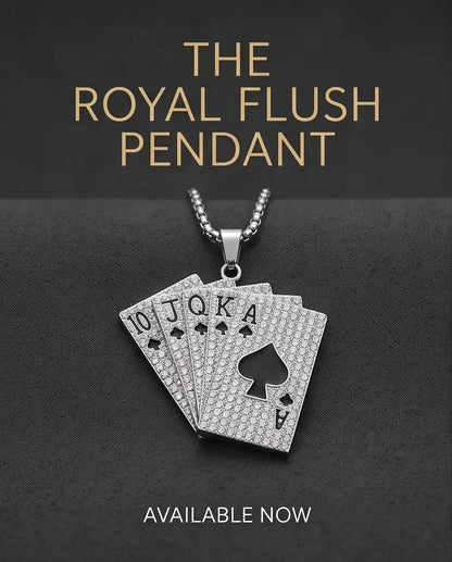 Iced Royal Flush Playing Cards Pendant Silver Box Chain Necklace