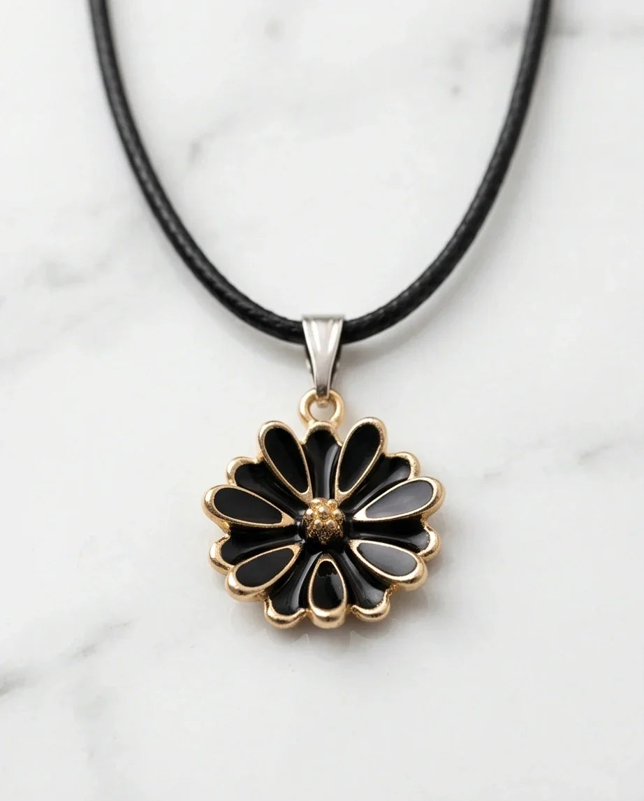 Gold and Black Sunflower Pendant Necklace