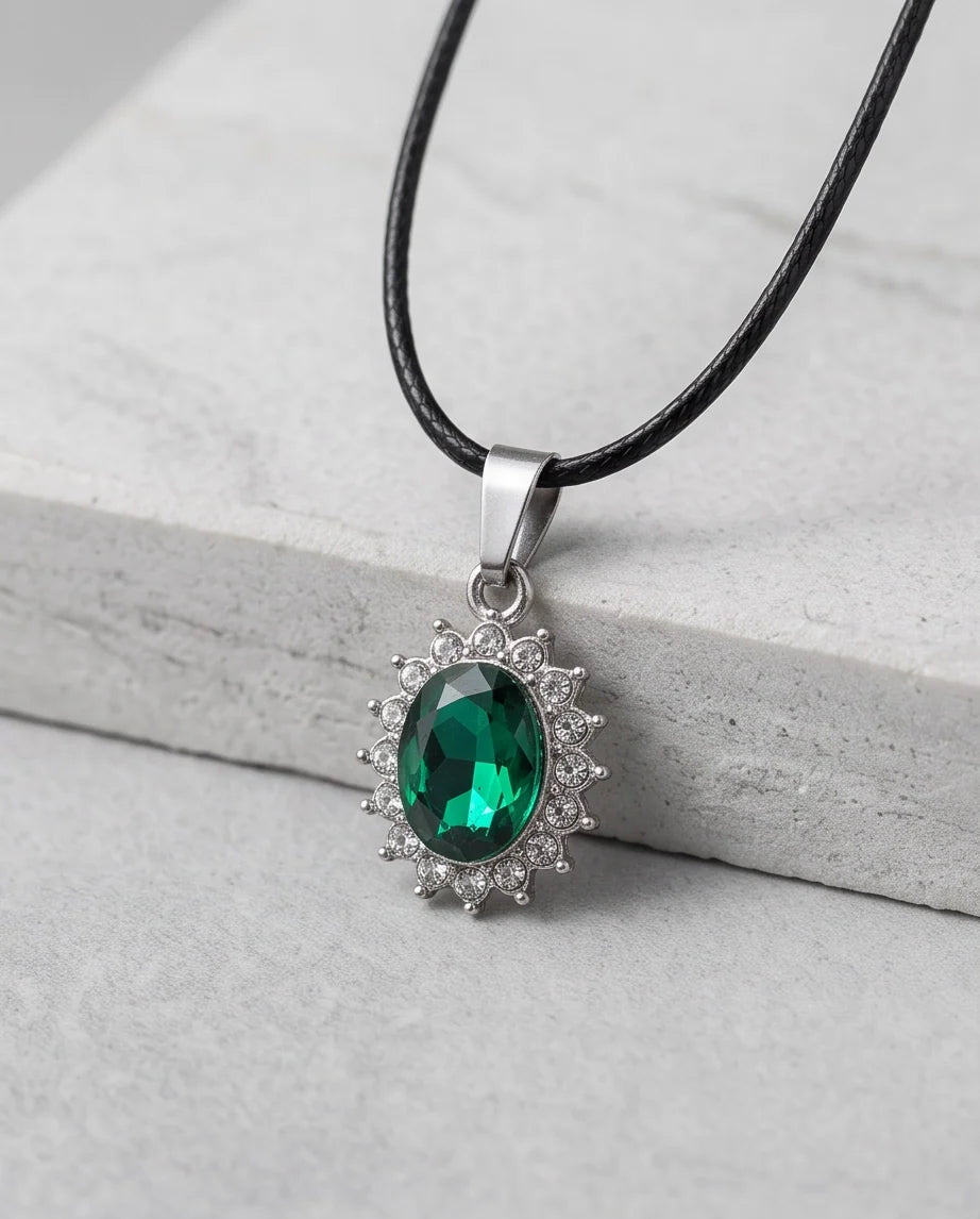 Silver Emerald Green Oval Halo Medallion Pendant Necklace