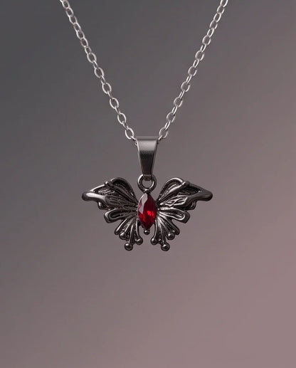 Black Gothic Butterfly Red Gem Pendant Necklace