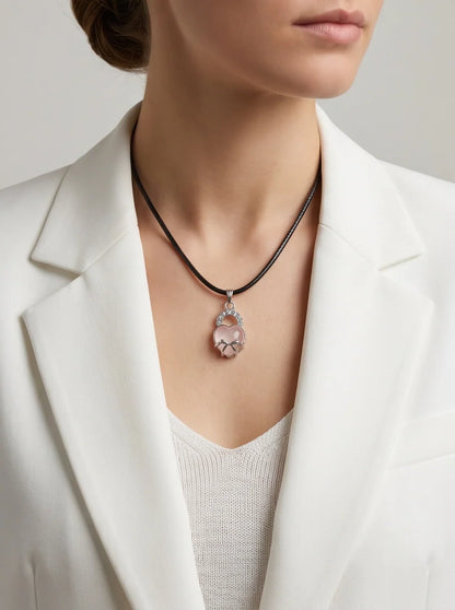 Pink Quartz Heart Bow Lock Pendant Necklace