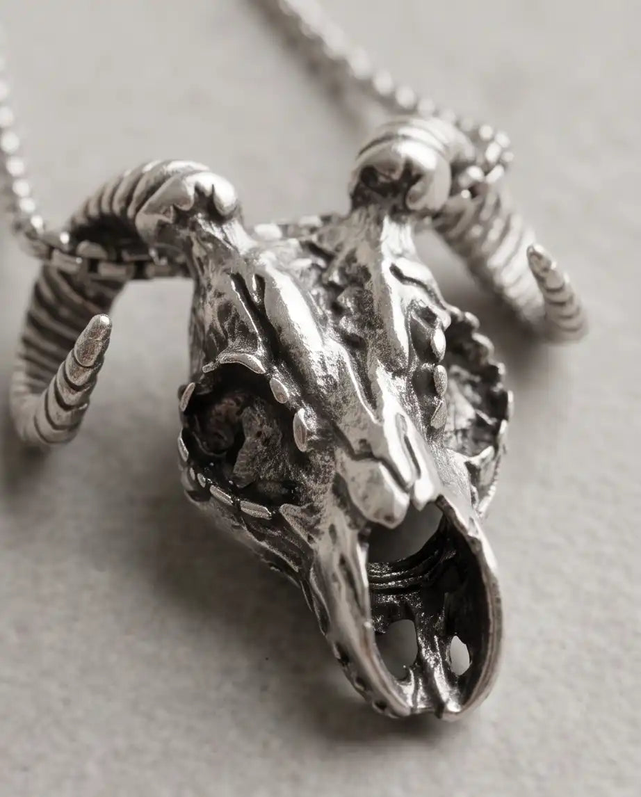 Gothic Ram Skull Pendant Silver Box Chain Necklace