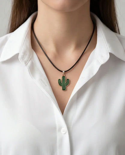 Gold and Green Cactus Pendant Necklace