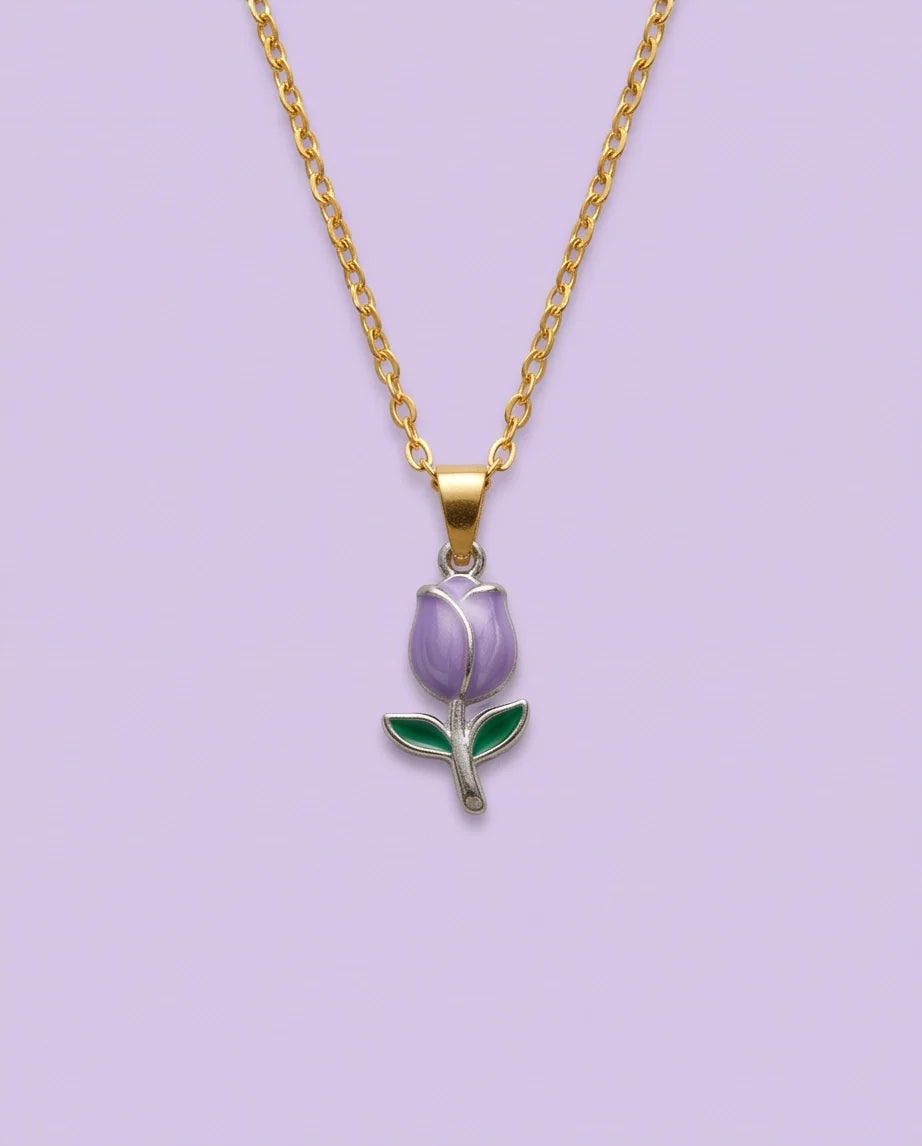 Silver Purple Enamel Tulip Pendant Necklace