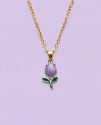 Silver Purple Enamel Tulip Pendant Necklace