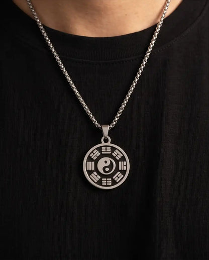 Yin Yang Bagua Symbol Medallion Silver Box Chain Necklace