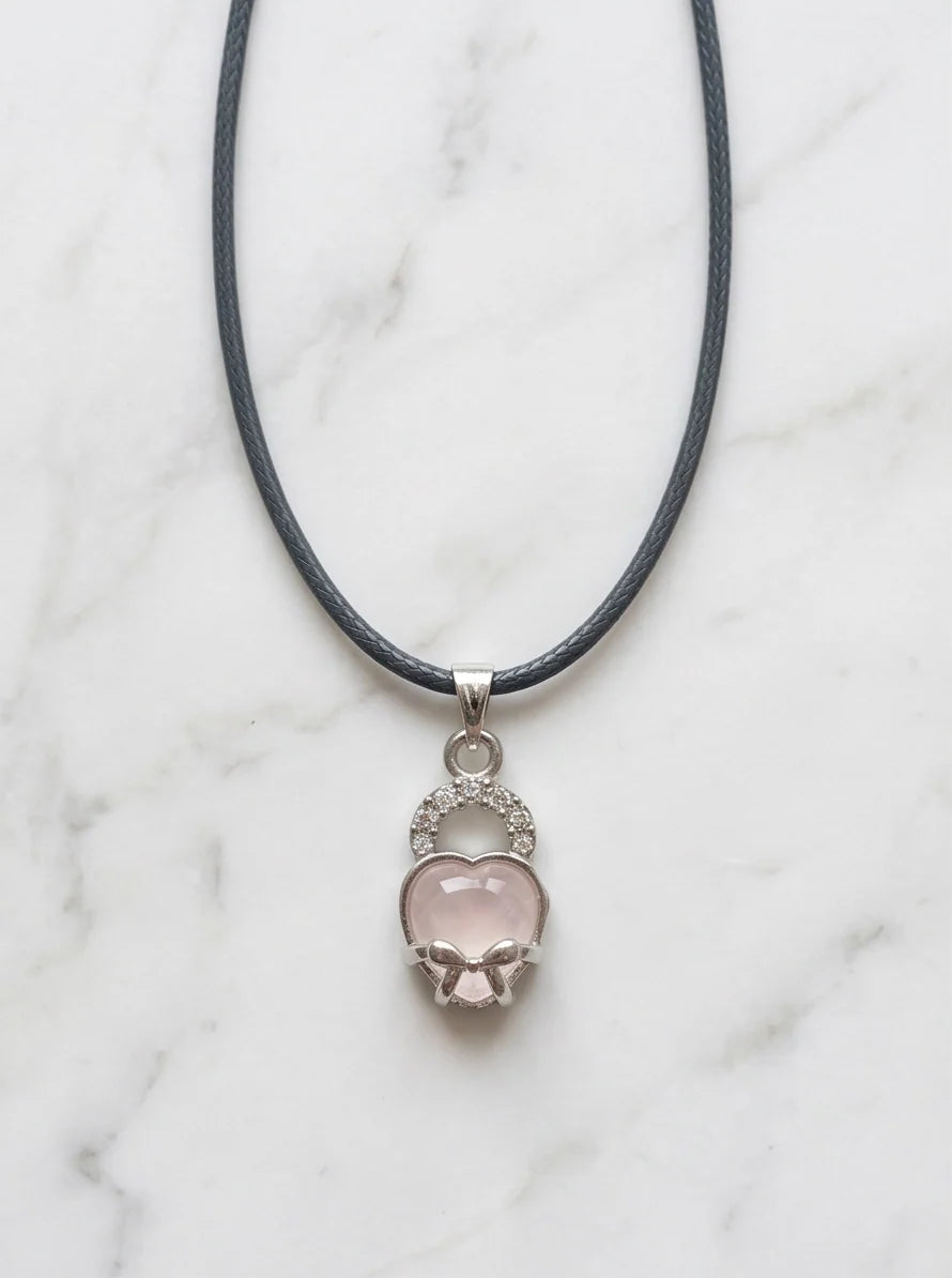 Pink Quartz Heart Bow Lock Pendant Necklace