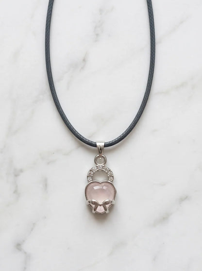 Pink Quartz Heart Bow Lock Pendant Necklace