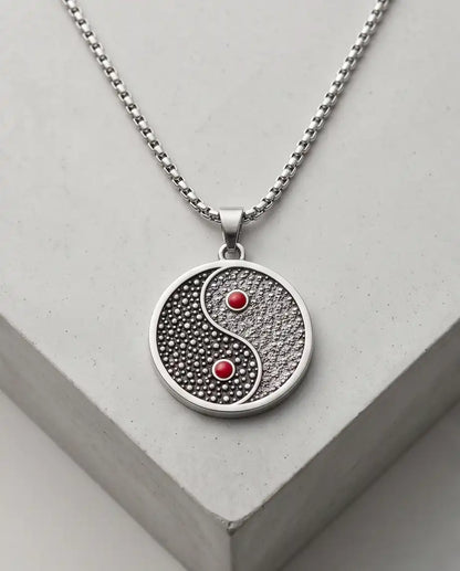 Red Gemstone Stippled Yin Yang Medallion Silver Box Chain Necklace