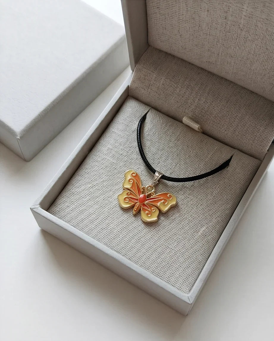 Orange & Yellow Enamel Butterfly Pendant Necklace