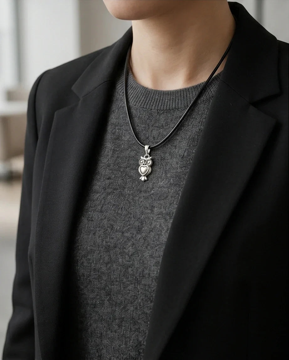 Silver Retro Heart Owl Necklace