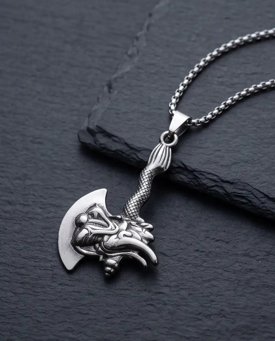 Mythological Dragon Battle Axe Pendant Box Chain