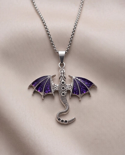 Silver Purple Enamel Dragon Wyvern Pendant Necklace