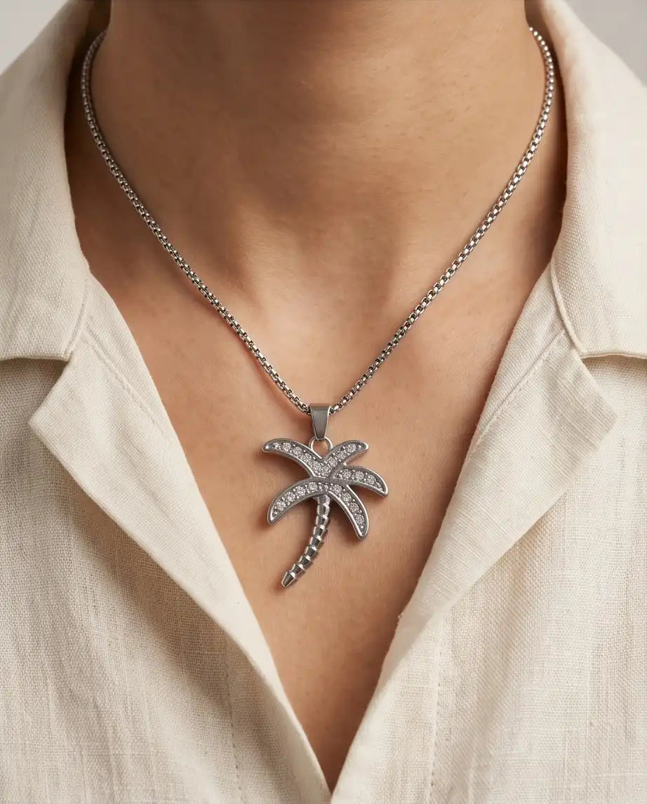 Iced Palm Tree Pendant Silver Box Chain Necklace