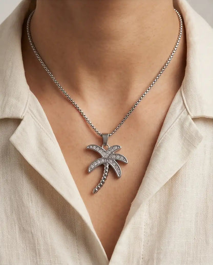 Iced Palm Tree Pendant Silver Box Chain Necklace