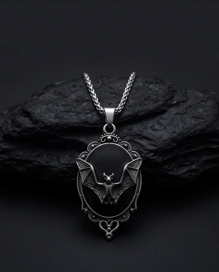 Antique Silver Gothic Bat Black Enamel Medallion Chain Necklace