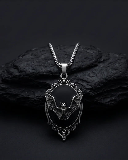 Antique Silver Gothic Bat Black Enamel Medallion Chain Necklace