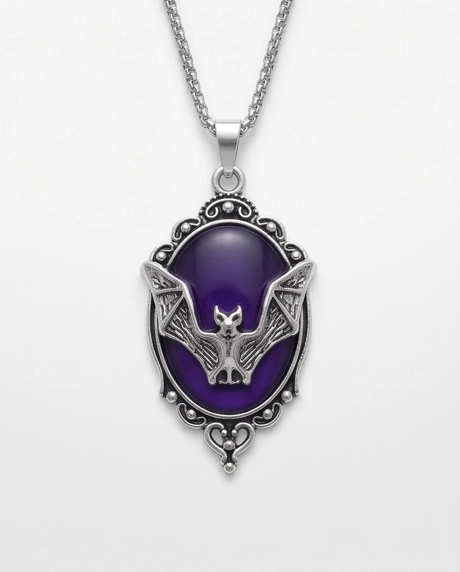 Silver Gothic Bat Purple Enamel Medallion Chain Necklace