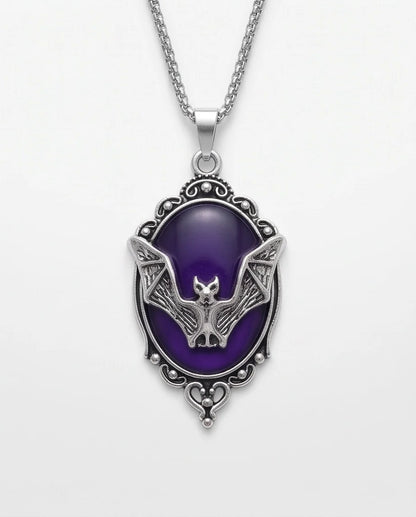 Silver Gothic Bat Purple Enamel Medallion Chain Necklace