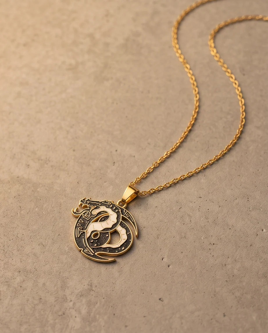 Gold Coiled Dragon Black & White Enamel Pendant Necklace