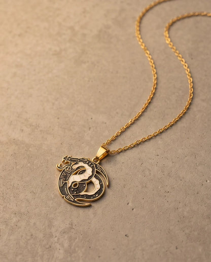 Gold Coiled Dragon Black & White Enamel Pendant Necklace