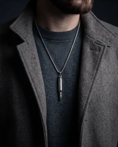 Engraved Bullet Pendant Silver Box Chain Necklace